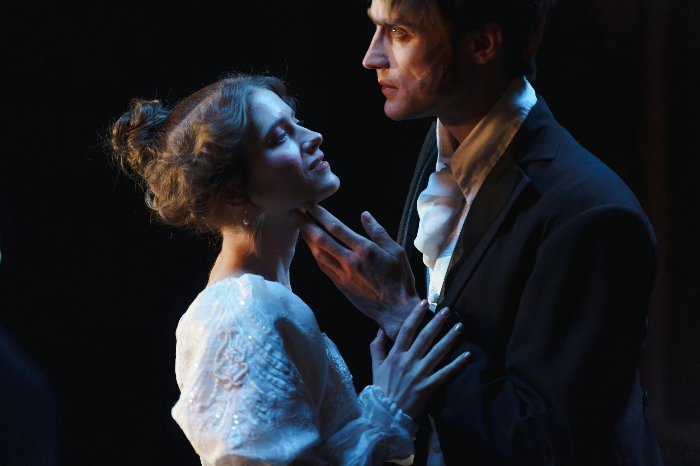 a man and a woman standing next to each other, a portrait, by Alice Mason, romanticism, 3 actors on stage, profile image, dreaming bodies, with victorian clothing