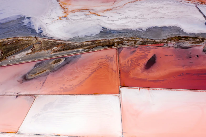 a fire hydrant sitting on top of a snow covered ground, an ultrafine detailed painting, inspired by Christo, trending on unsplash, color field, flowing salmon-colored silk, seen from straight above, shiny layered geological strata, farming