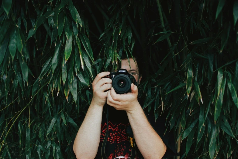 a person taking a picture with a camera, covered in plants, avatar image