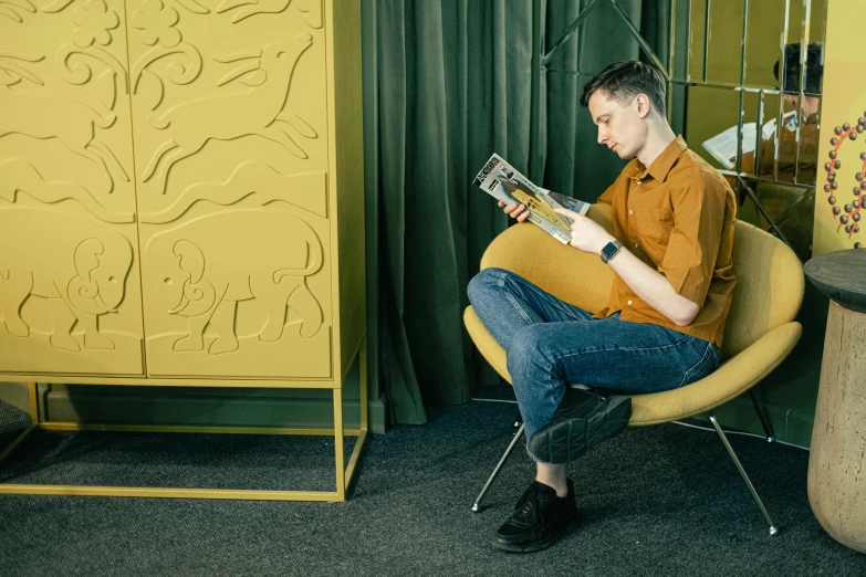 a man sitting in a chair reading a magazine, inspired by Wes Anderson, private press, yellow and green, elephant in the room, sitting in a waiting room, anato finnstark and kelogsloops