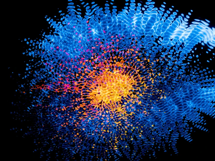 a close up of a colorful object on a black background, by Jan Rustem, generative art, blue particles, explosion of data fragments, blue and orange, sundown misty firefly wisps