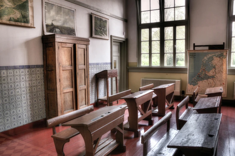 a room that has a bunch of benches in it, a portrait, inspired by Pieter de Hooch, pexels contest winner, barbizon school, photo of a classroom, french village interior, thumbnail, art nouveau environment