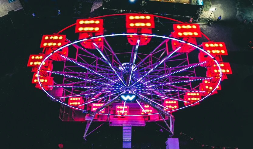 a ferris wheel is lit up at night, pexels contest winner, red and white neon, william warehouse, wonderful techno party, avatar image