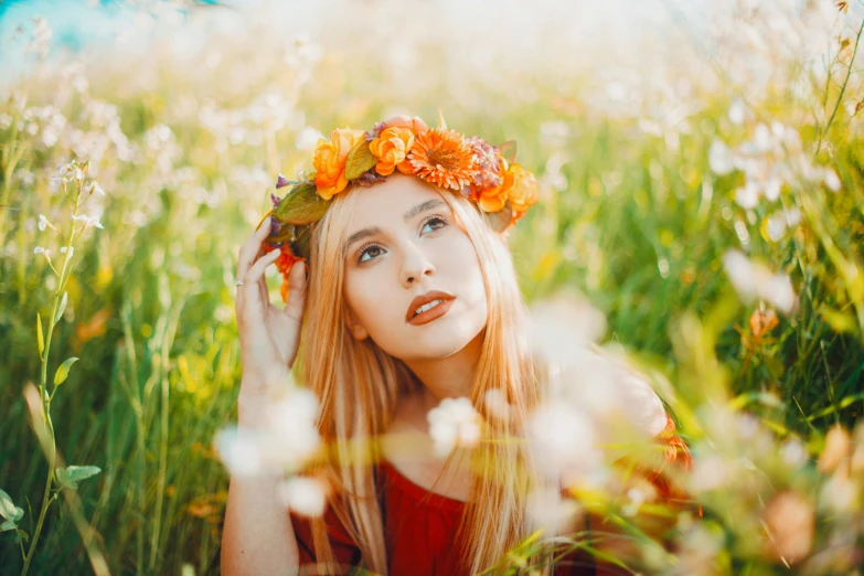 a woman wearing a flower crown in a field, pexels contest winner, renaissance, orange hue, avatar image, blond, beautiful look