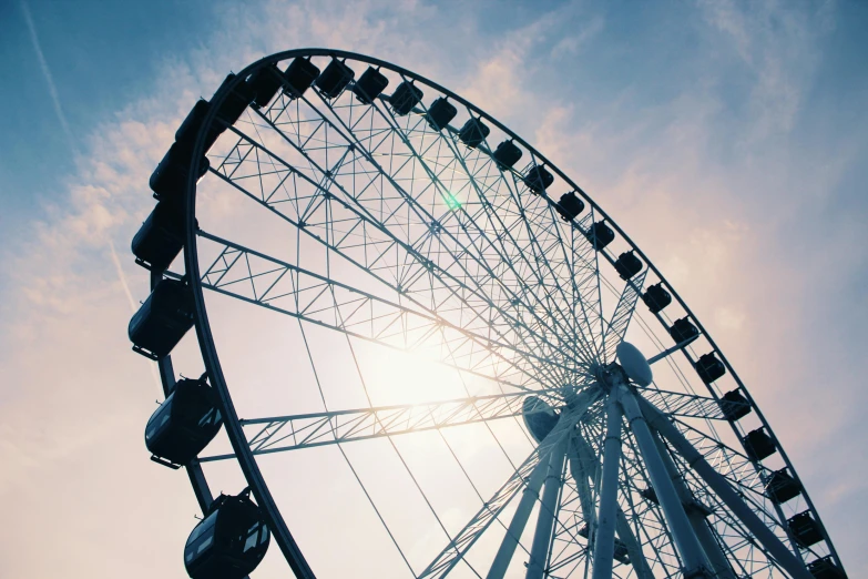 a large ferris wheel sitting in the middle of a park, pexels contest winner, sun overhead, ((fish eye)), sky blue, avatar image