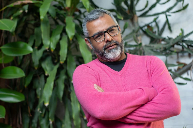 a man with glasses and a pink sweater, pexels contest winner, hurufiyya, grey trimmed beard, lgbtq, lush surroundings, pablo perdomo