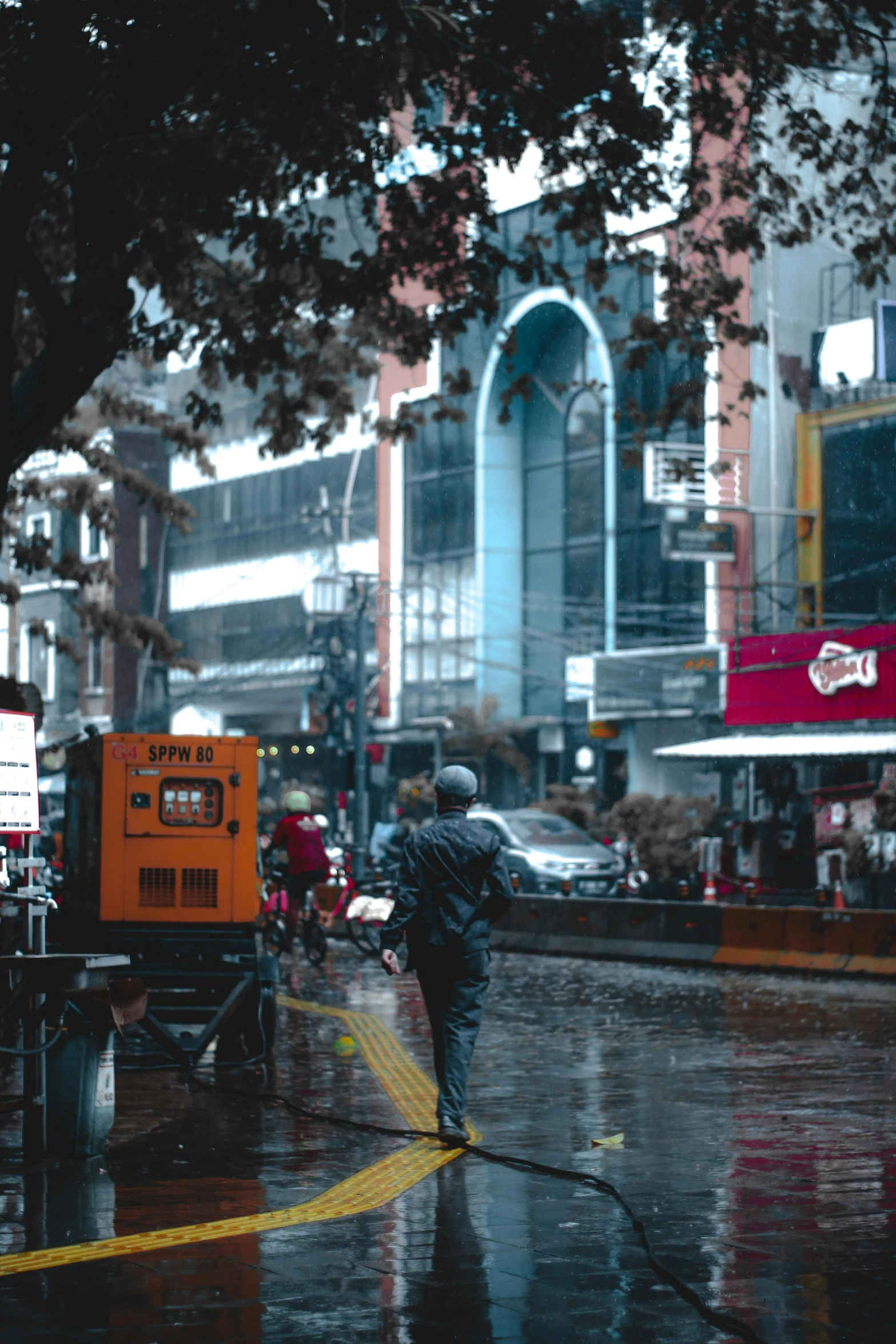 a person walking in the rain with an umbrella, in sci - fi mumbai, nostalgic 8k, kuala lumpur, buenos aires