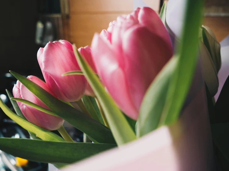 a bunch of pink tulips are in a vase, pexels contest winner, angled shot, ((pink)), opening shot, at home