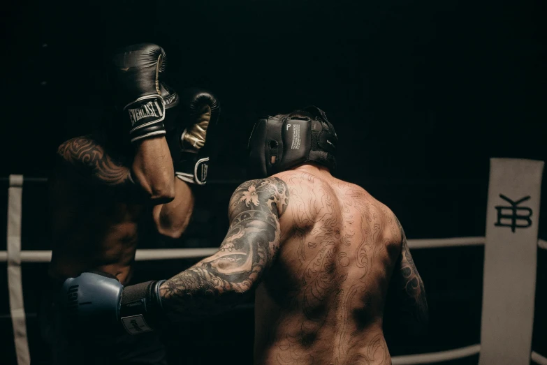 a couple of men standing next to each other in a boxing ring, a tattoo, by Lee Gatch, pexels contest winner, fighting in a dark scene, thumbnail, seen from the back, profile image
