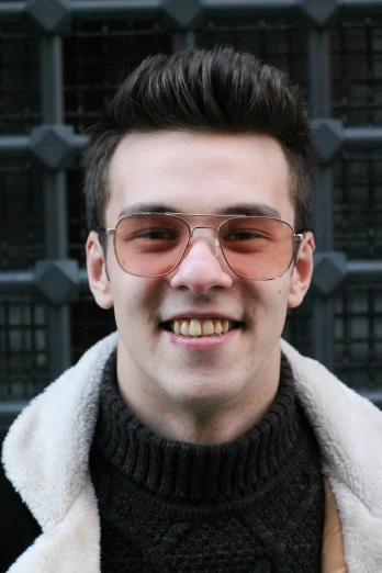 a close up of a person wearing glasses and a jacket, with gold teeth, mateo dineen, highly upvoted, lgbt