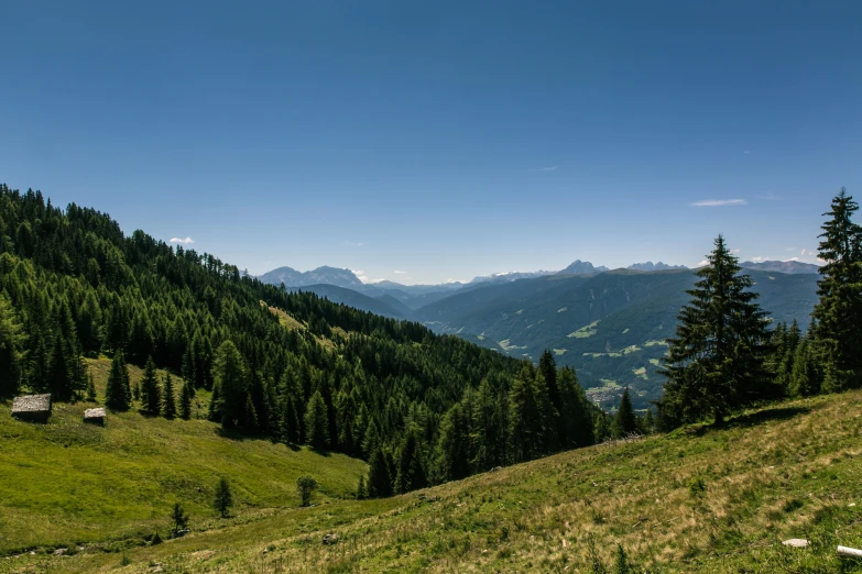 a view of the mountains from the top of a hill, by Karl Walser, pexels contest winner, les nabis, on a green hill between trees, clear blue skies, pine trees in the background, high elevation