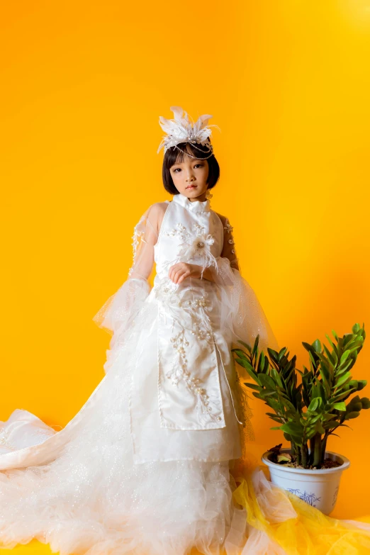 a little girl in a wedding dress standing next to a potted plant, an album cover, inspired by Fujiwara Takanobu, rococo, artdoll, shot with sony alpha, ancient asian dynasty princess, ( ready - made )