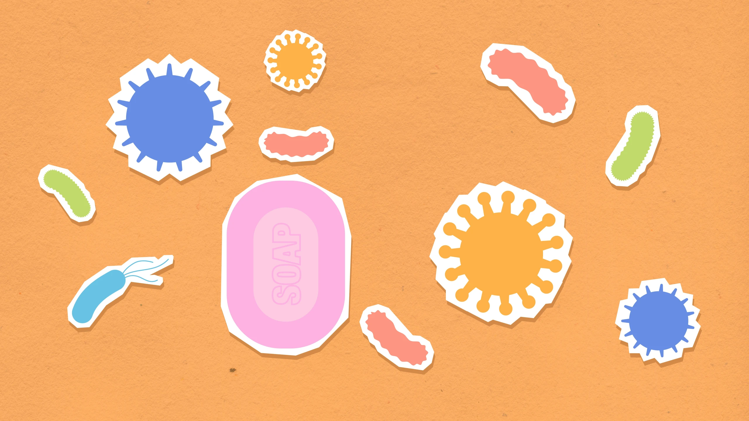 a bunch of stickers sitting on top of a table, an illustration of, by Olivia Peguero, trending on pexels, bacteria, soap, background image, rendered illustration