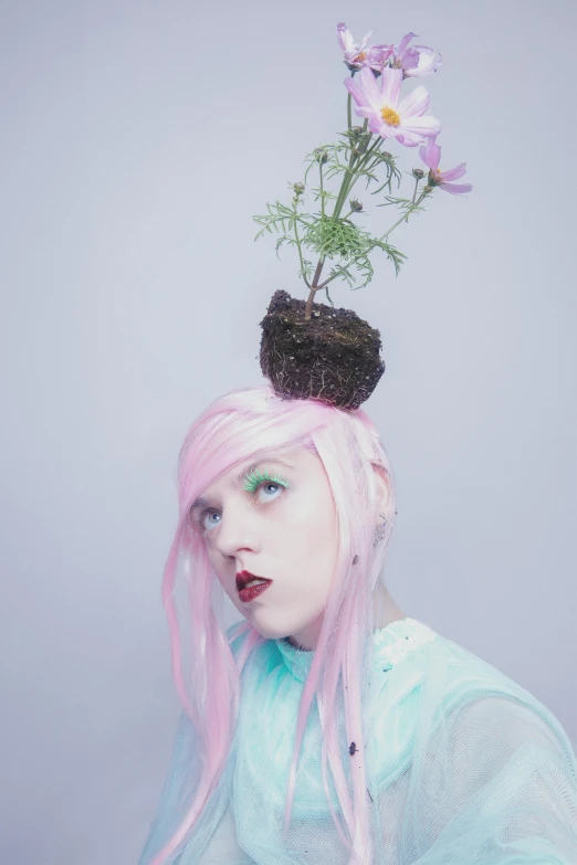 a woman with pink hair and a flower pot on her head, inspired by Hannah Frank, unsplash, pop surrealism, plant roots, low quality photo, genderless, pastel'