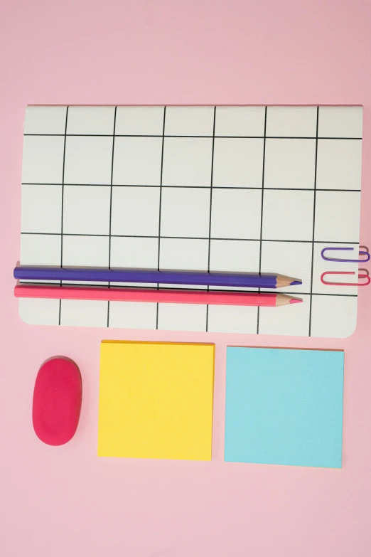 office supplies laid out on a pink surface, inspired by Mondrian, pexels, square sticker, 2000s photo, multi - coloured, grid