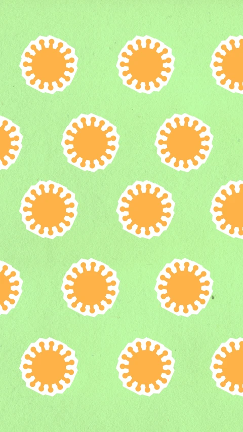 a pattern of orange and white flowers on a green background, a digital rendering, by Carey Morris, cute coronavirus creatures, multiple suns, dot art on paper, loosely cropped