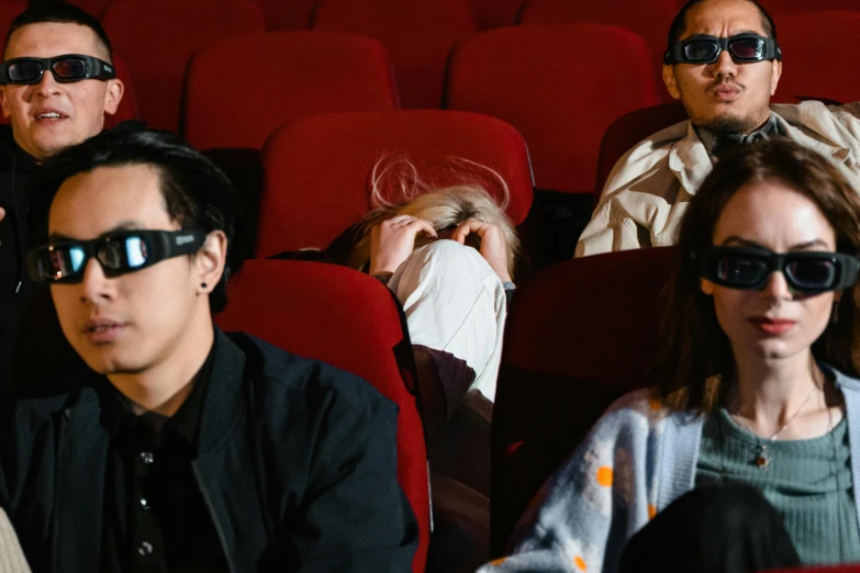 a group of people wearing 3d glasses in a movie theater, inspired by Elsa Bleda, trending on pexels, hyperrealism, movie still of a tired, hito steyerl, anime scene, movie poster with no text