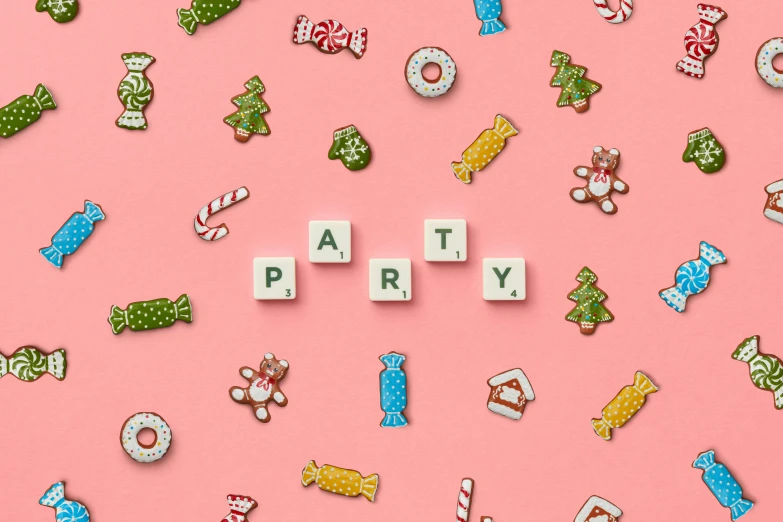 the word party spelled with wooden letters on a pink background, trending on pexels, christmas, icon pattern, background image, sweets