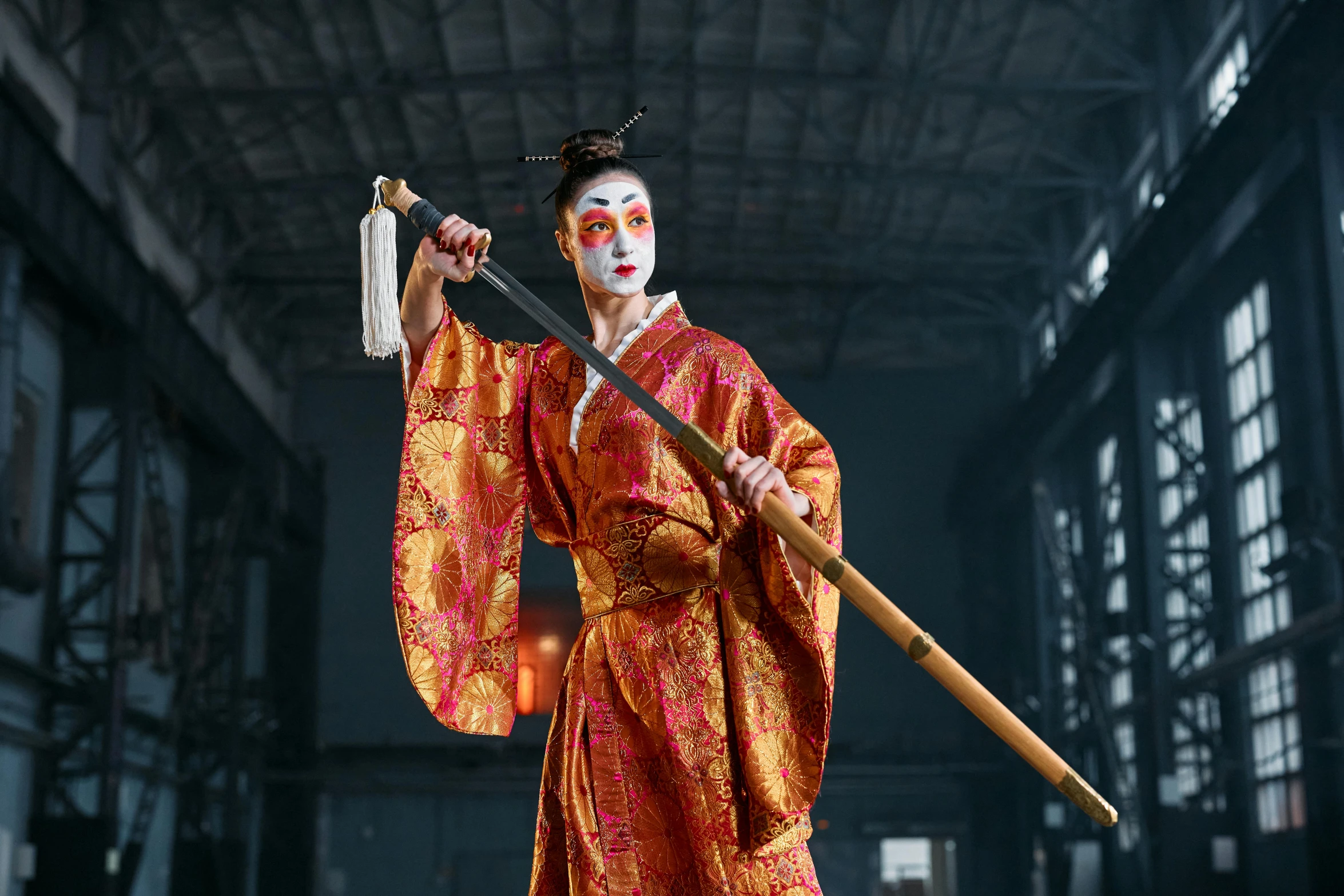 a woman dressed as a geisha holding a sword, inspired by Kanō Hōgai, pexels contest winner, man holding spear, lachlan bailey, [ theatrical ], slide show