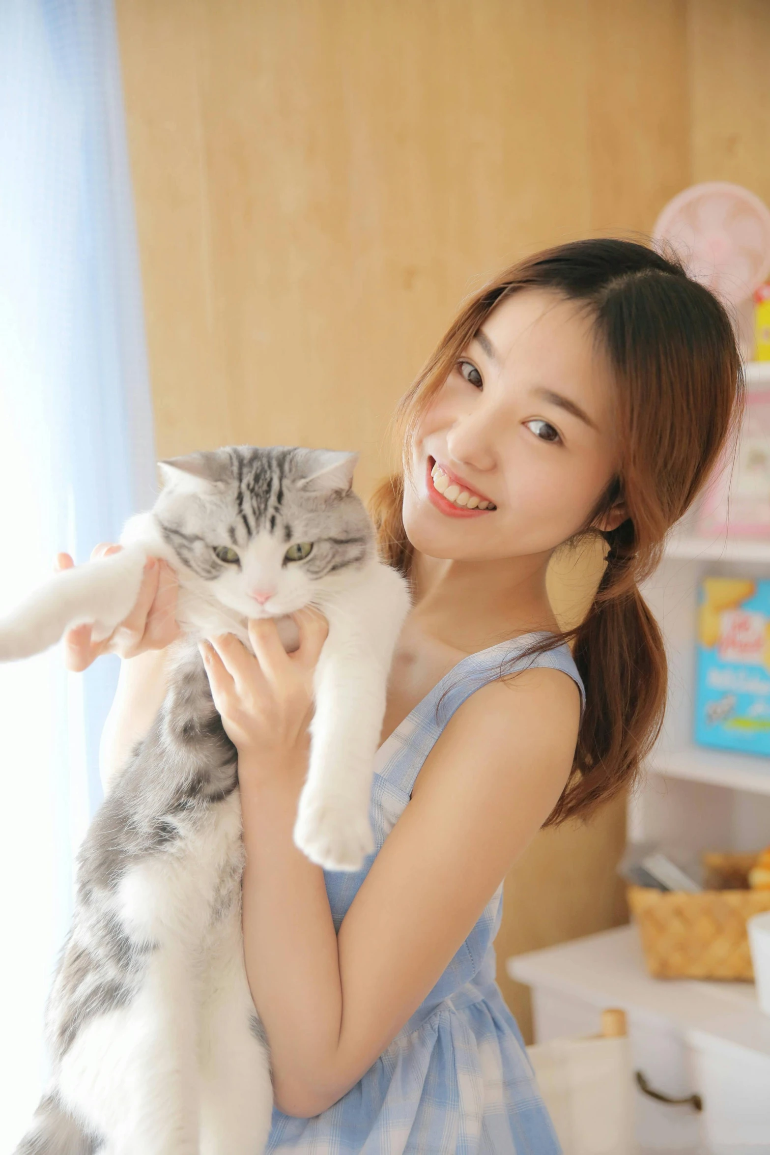 a woman in a blue dress holding a gray and white cat, a picture, by Yang J, ulzzang, high quality upload, 240p, at home