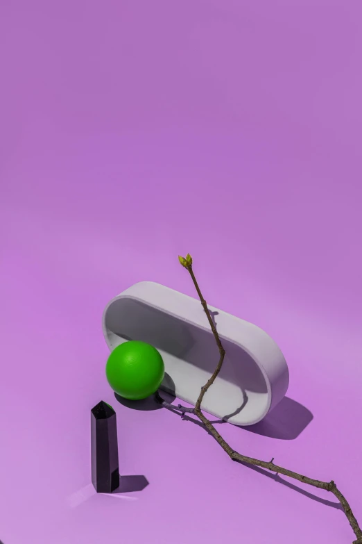 a green ball sitting on top of a white object, a 3D render, inspired by Robert Mapplethorpe, trending on pexels, purple tubes, ikebana, single figure, small gadget