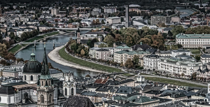 a view of a city with a river running through it, by Tobias Stimmer, pexels contest winner, visual art, austria, high details!, panorama view, paisley