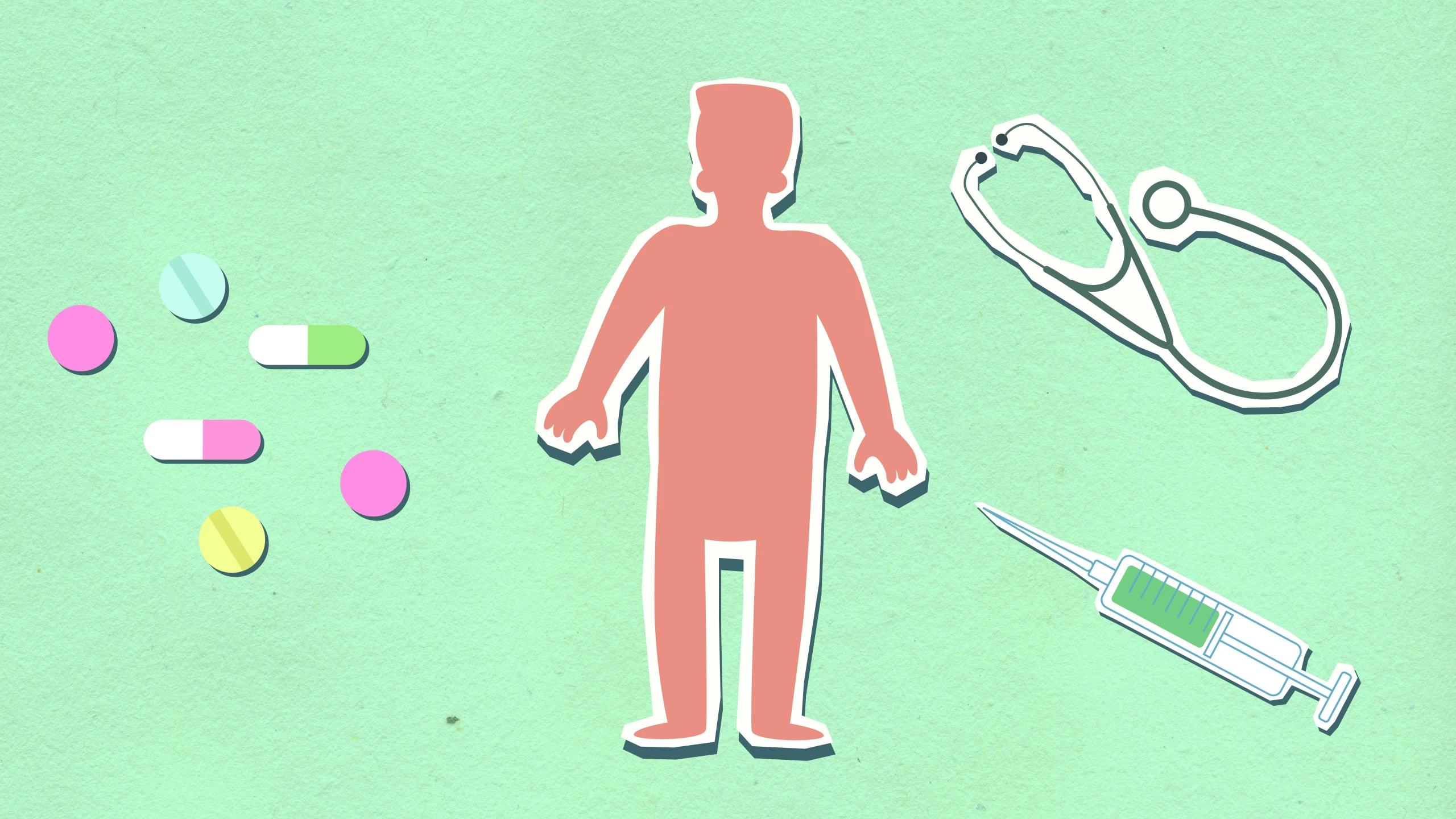 a man with a stethoscope next to pills and a stethoscope, an illustration of, trending on pexels, conceptual art, bubblegum body, cardboard cutout of tentacles, full body hero, pastel palette silhouette