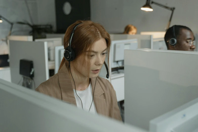 a woman wearing headphones in a call center, trending on pexels, computer art, hyperrealistic movie filmstill, instagram post, dressed as an oracle, sangsoo jeong