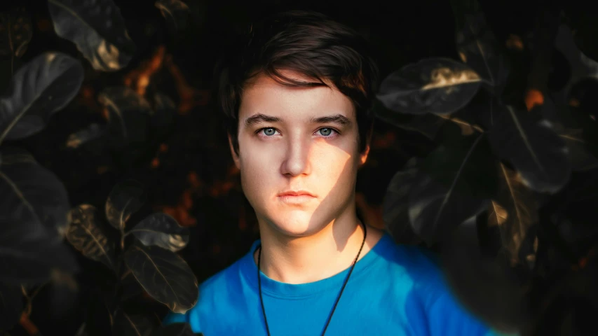 a close up of a person wearing a blue shirt, a character portrait, by Adam Marczyński, pexels contest winner, male teenager, amongst foliage, confident shaded eyes, lights