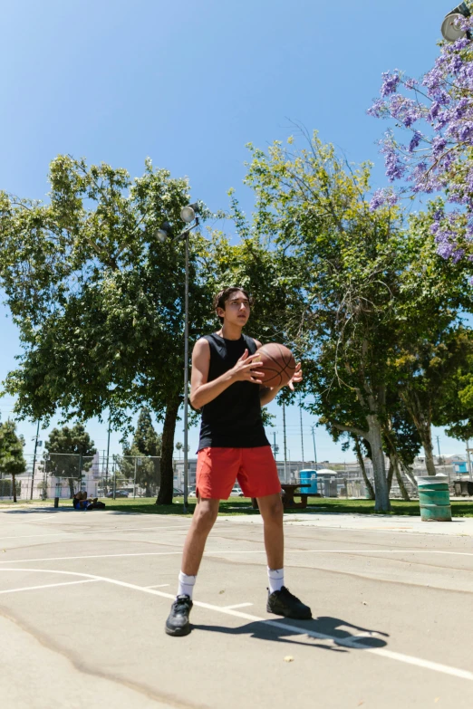 a man standing on a basketball court holding a basketball, by Gavin Hamilton, dribble contest winner, wearing a tank top and shorts, diego fernandez, oceanside, trees in background