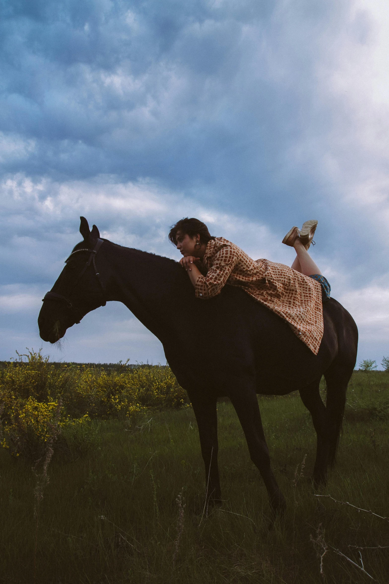 a woman riding on the back of a black horse, an album cover, unsplash contest winner, declan mckenna, country, anna nikonova, spring evening