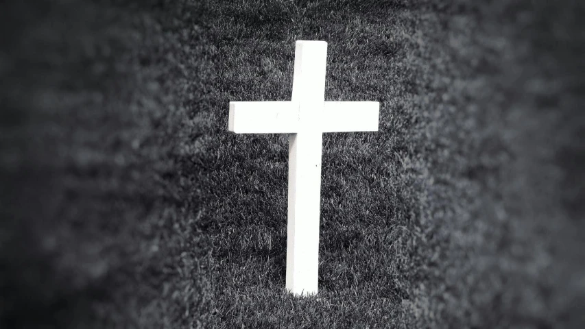 a white cross on a black background, a black and white photo, unsplash, lawn, ossuary, 1930s photograph, float
