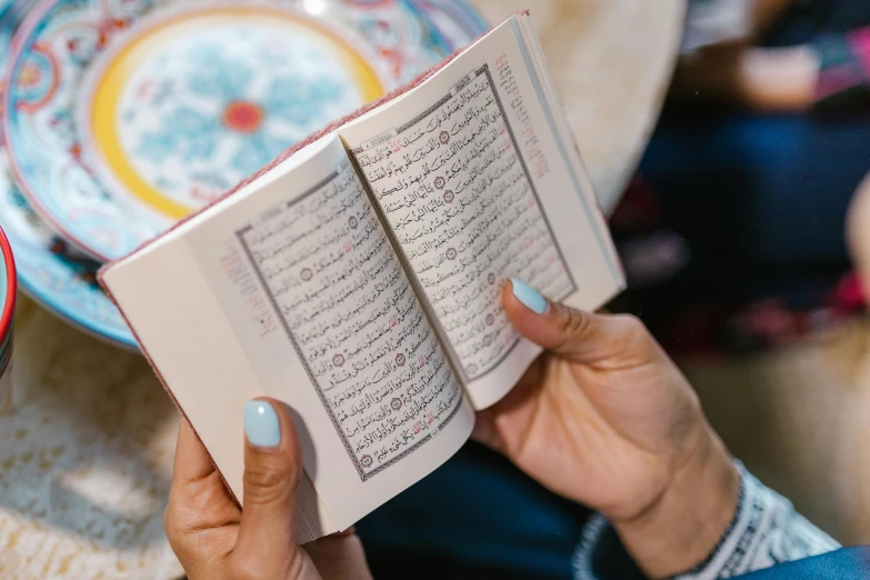 a close up of a person holding a book, hurufiyya, ready to eat, religious imagery, grey