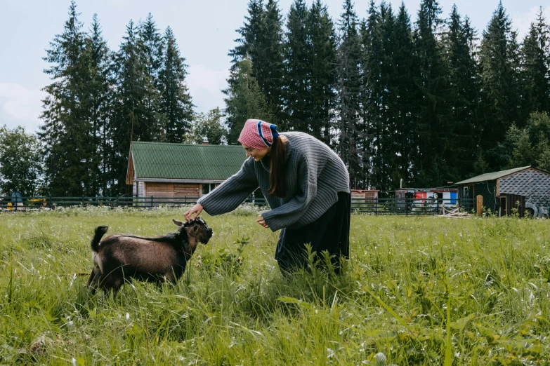 a woman petting a baby goat in a field, unsplash, hurufiyya, kalevala, bojack horseman in real life, on a village, 🦩🪐🐞👩🏻🦳