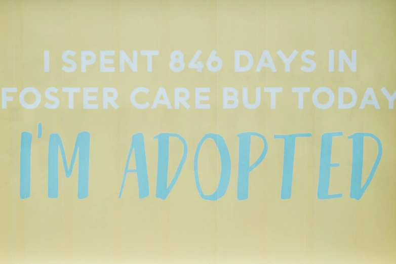 a sign that says, spent 48 days in foster care but today i'm adopted, a poster, by Jennifer Bartlett, unsplash, detail shot, adopt, 15081959 21121991 01012000 4k, pastel'