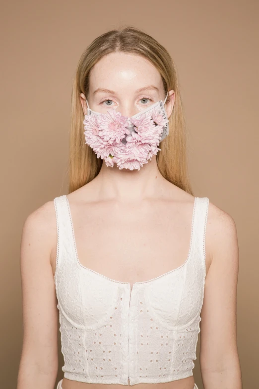 a woman with pink flowers on her face, by Nina Hamnett, wearing transparent glass mask, bralette, made of lab tissue, medium wide front shot