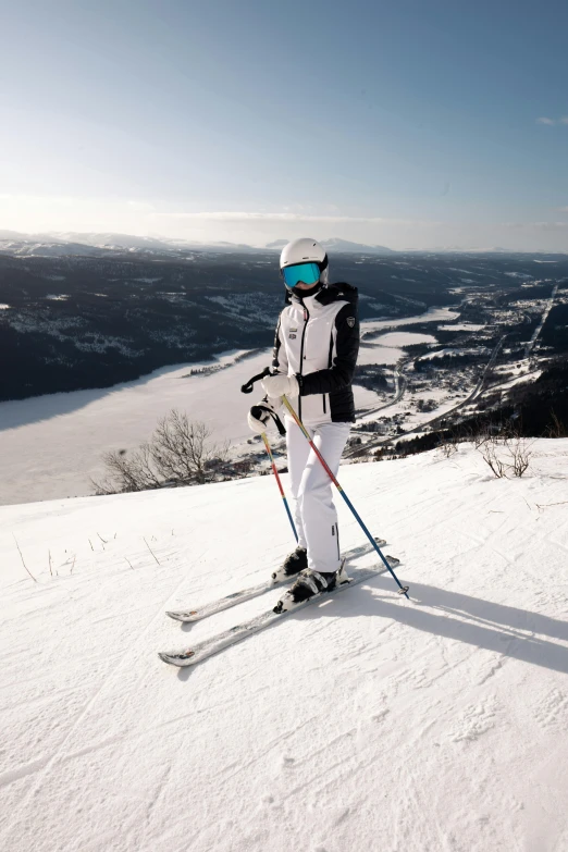 a person standing on top of a snow covered slope, skiing, fjords in background, overlooking a valley, female