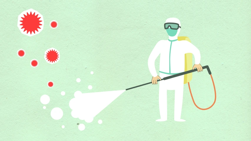 a man in a white suit spraying water with a hose, an illustration of, by Jeka Kemp, shutterstock, rna bioweapon, reduced minimal illustration, wikihow illustration, cute coronavirus creatures