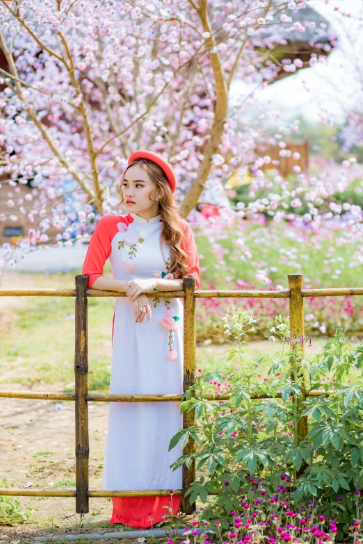 a woman standing in front of a wooden fence, a picture, inspired by Cui Bai, aestheticism, wearing a cute white dress, blossom, vietnam, pink and red color scheme