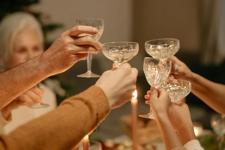 a group of people toasting with wine glasses, a still life, by Alice Mason, pexels, silver small small small glasses, christmas night, vintage style, linen