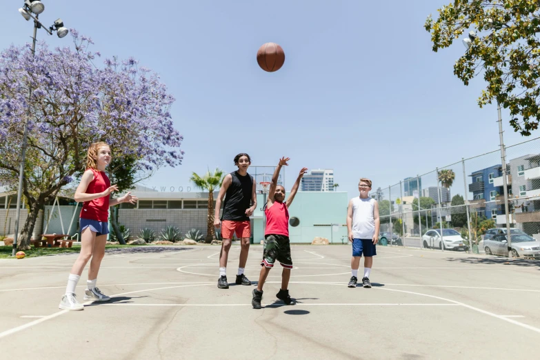 a group of young children playing a game of basketball, pexels contest winner, los angeles ca, ultra - wide view, profile image, athletic footage