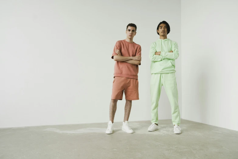 two men standing next to each other in a room, inspired by Peter de Sève, instagram, happening, gradient pastel green, wearing a tracksuit, official product photo, muted colors. ue 5