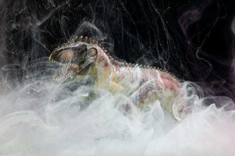 a close up of a lizard in a cloud of smoke, by Dave Allsop, unsplash contest winner, fantastic realism, rottweiler dinosaur hybrid, still life of white xenomorph, with cobwebs, diorama macro photography