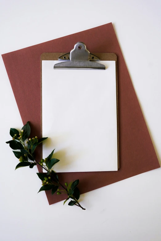 a clipboard sitting on top of a piece of paper, by Carey Morris, pexels contest winner, visual art, maroon metallic accents, ivy, clean and simple design, holiday