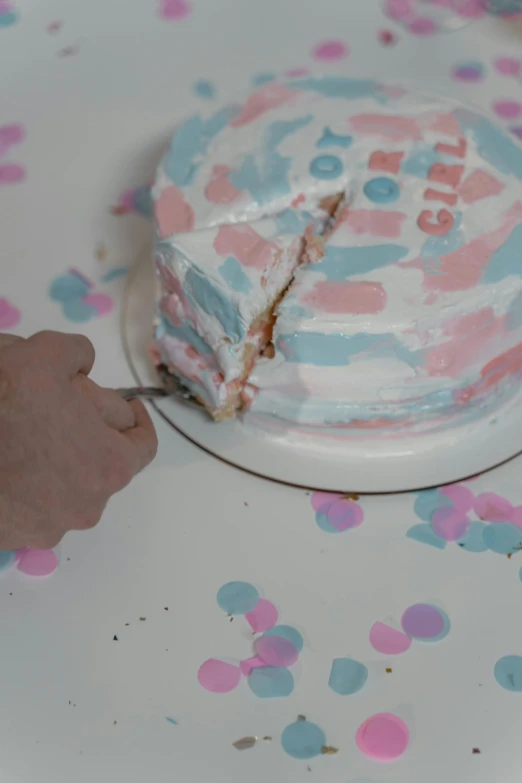 a piece of cake on a plate with confetti sprinkles, by Arabella Rankin, unsplash, happening, pregnant, pink and blue palette, patterned, white male