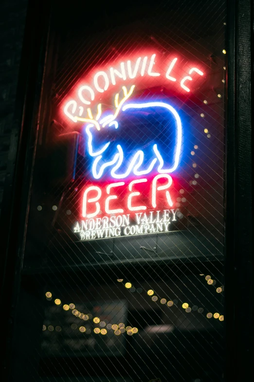 a neon sign on the side of a building, behind bar deck with bear mugs, roomies, profile image, resolve
