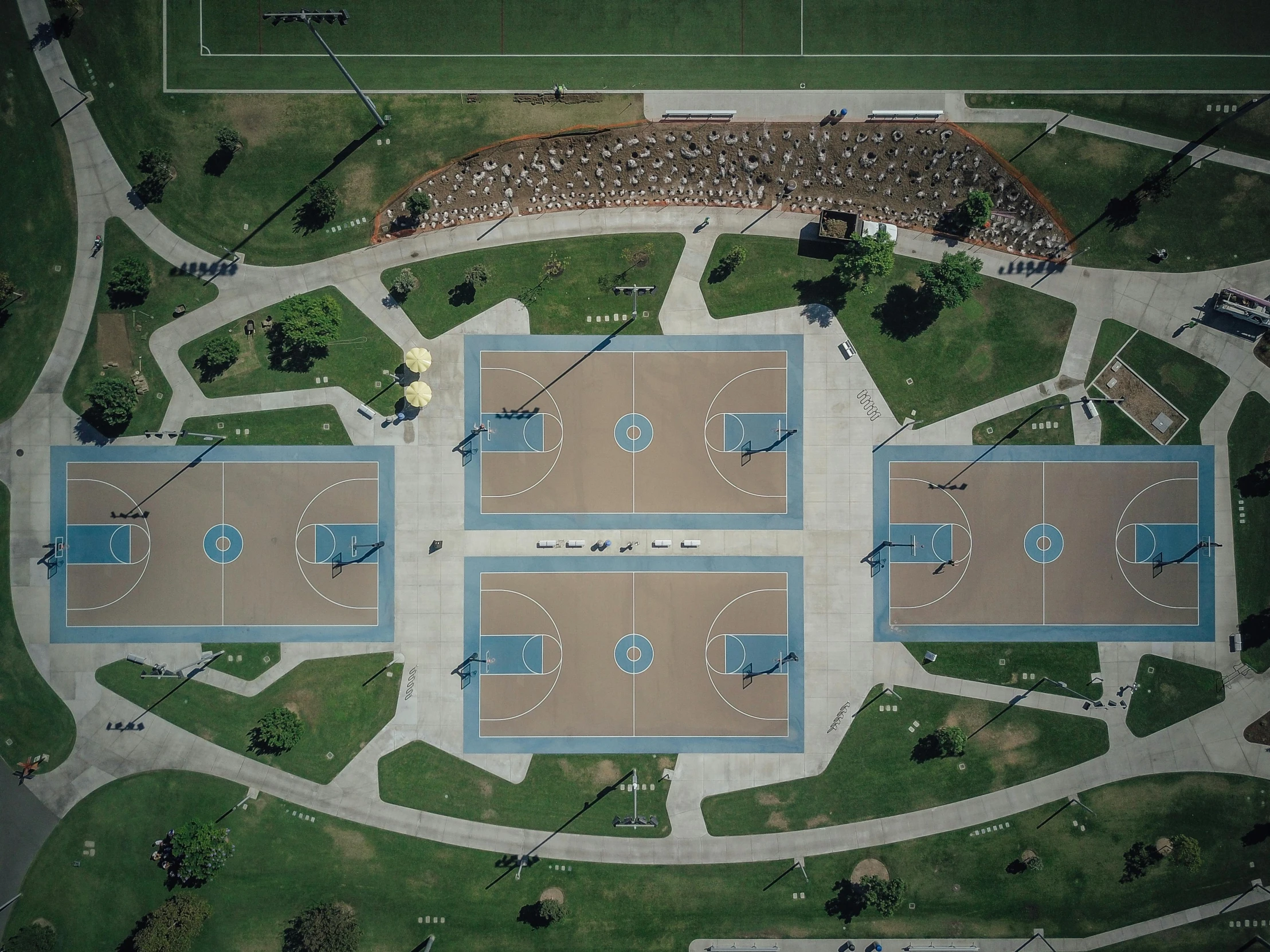 an aerial view of a basketball court in a park, by Jan Rustem, unsplash contest winner, conceptual art, steam workshop maps, los angeles 2 0 1 5, square, listing image