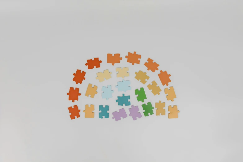 a rainbow of puzzle pieces arranged in a circle, a jigsaw puzzle, by Jessie Algie, color field, in muted colours, 50, hegre, light orange values