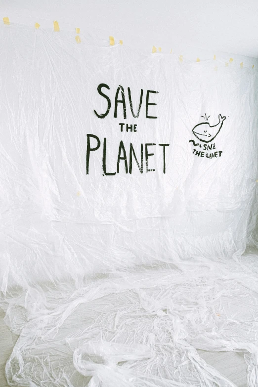 a bed with a pillow that says save the planet, an album cover, by Tracey Emin, trending on pexels, environmental art, teamlab, white room, nets, light from top right