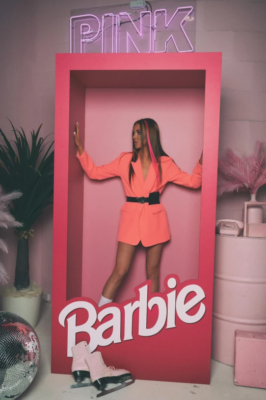 a woman is posing in a barbie doll box, by Robbie Trevino, trending on pexels, cara delevingne, made of cardboard, madison beer, 🚿🗝📝